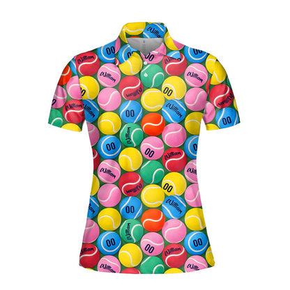 Front view of the custom multicolor tennis ball polo shirt