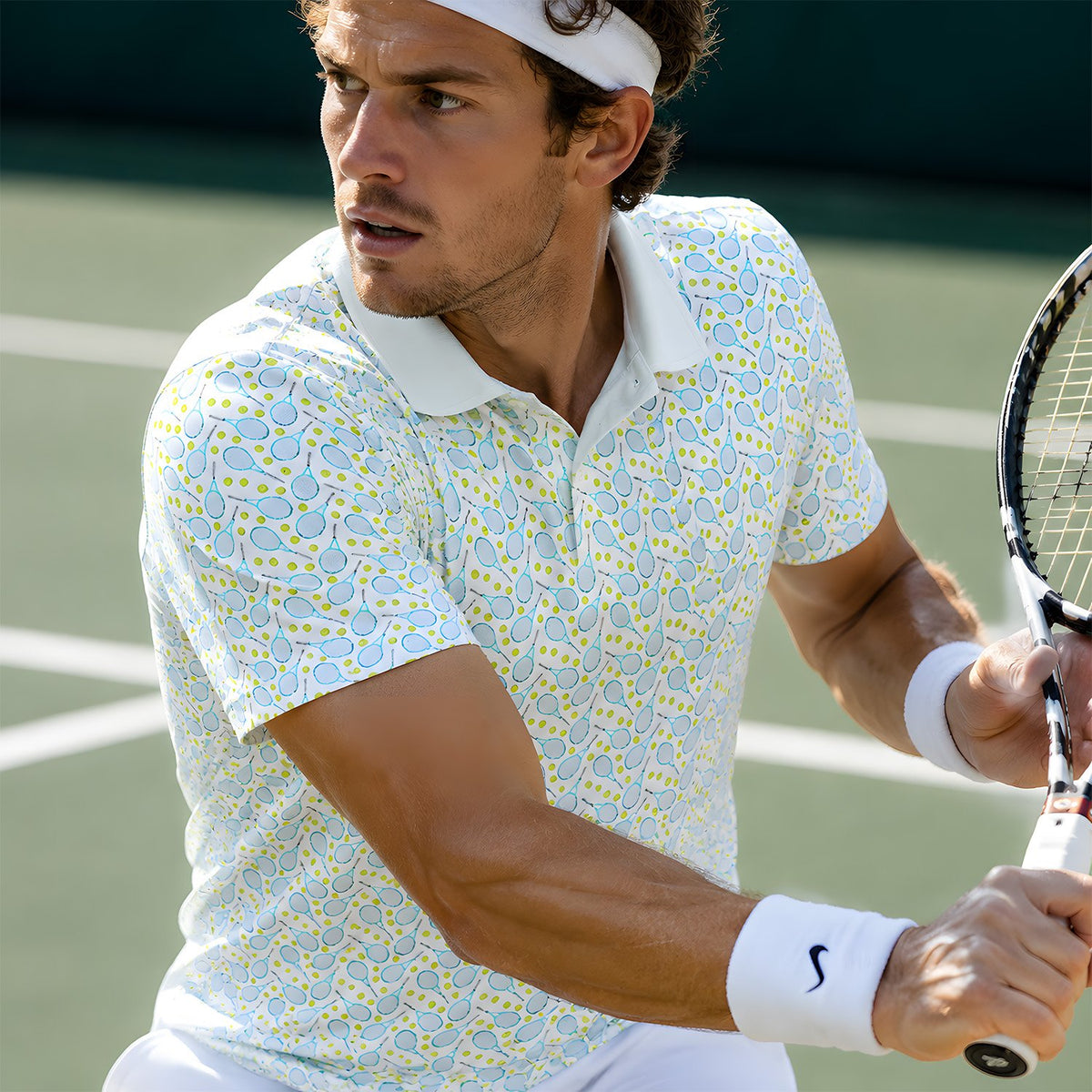 Another lifestyle shot of the white tennis polo shirt in action