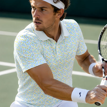 Another lifestyle shot of the white tennis polo shirt in action