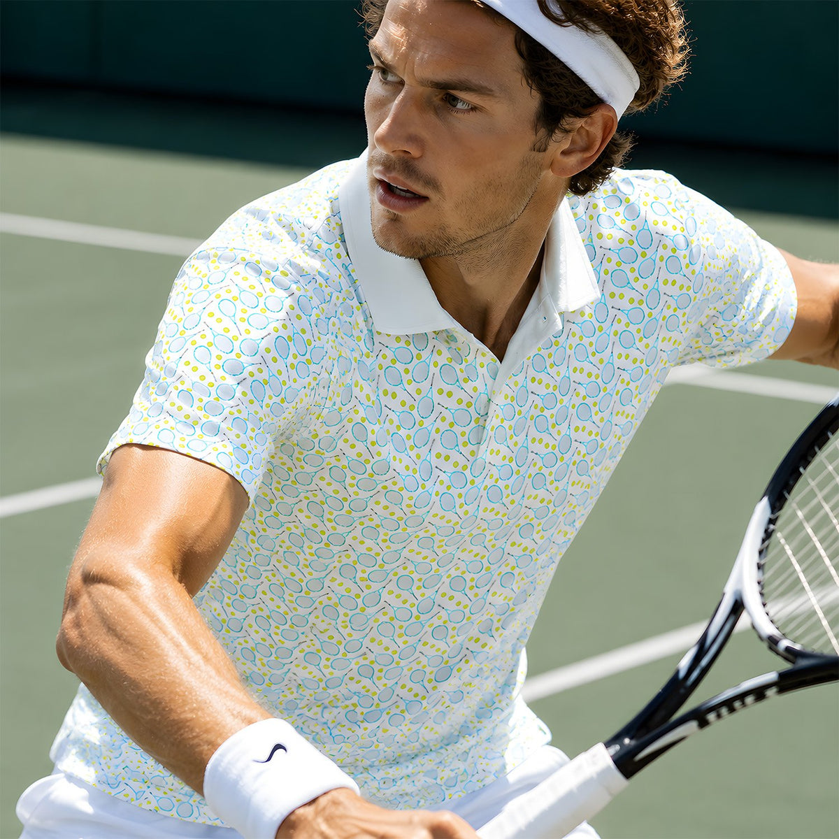 Person wearing the tennis polo shirt outdoors