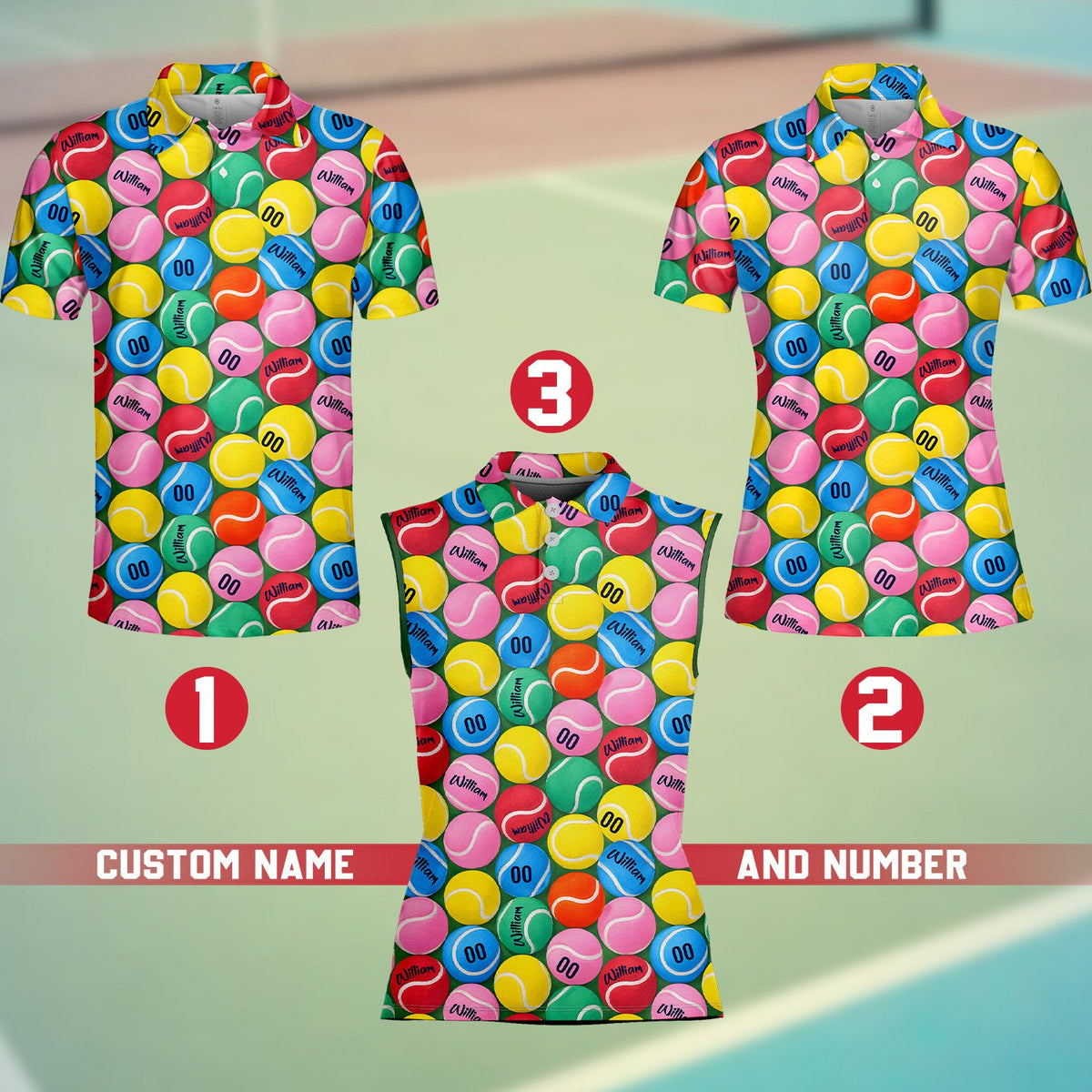 Side angle view of the custom name and number tennis polo