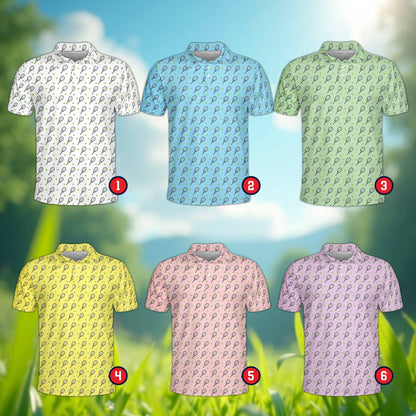 Multicolor view of geometric polo shirt with tennis theme