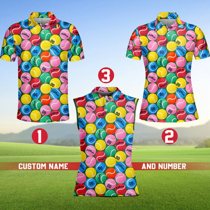 Close-up view of the colorful tennis ball pattern on the polo shirt