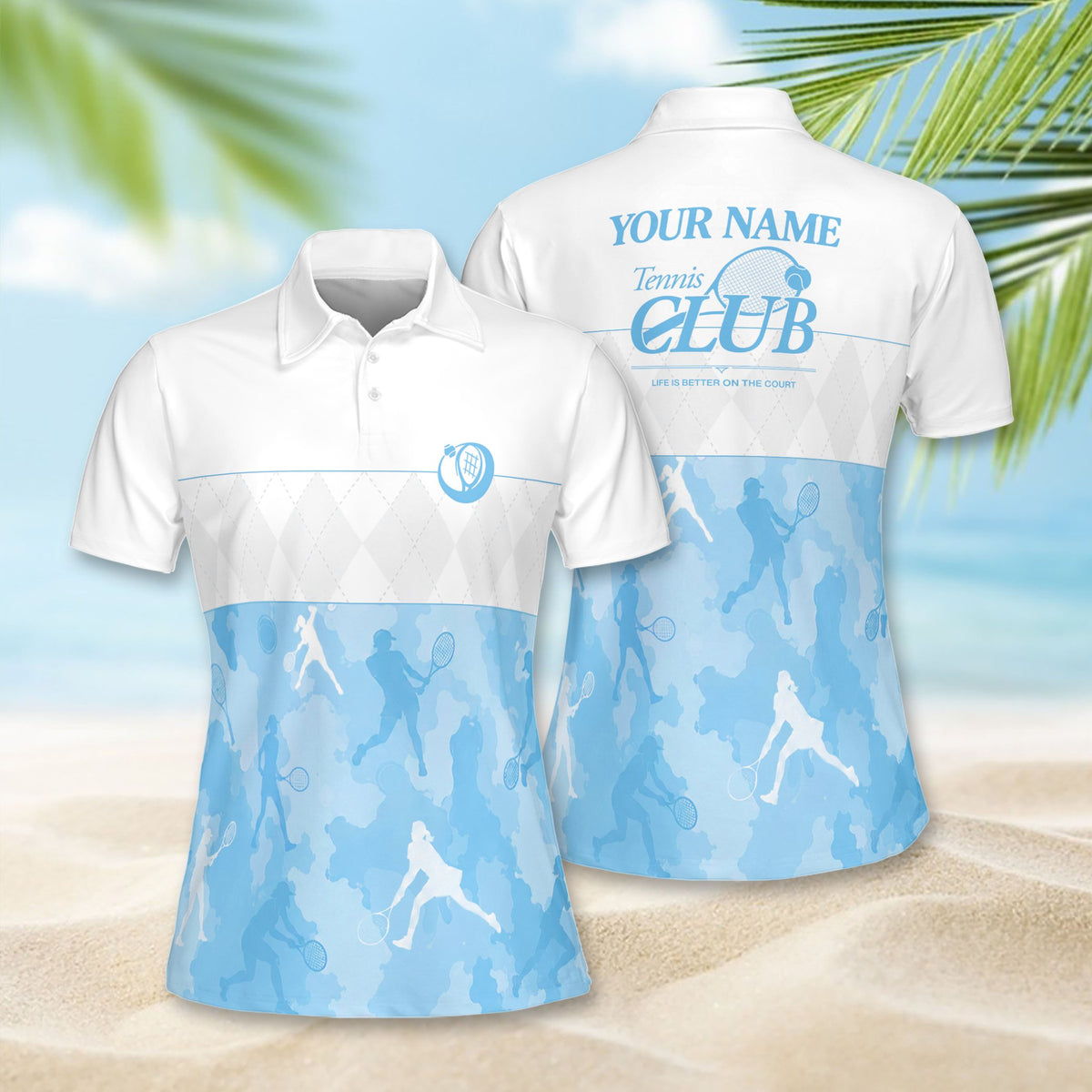Front view of the personalized tennis polo shirt with an argyle and camo pattern
