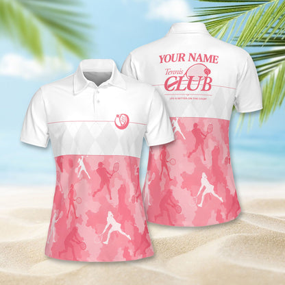Detailed front view of the custom polo shirt highlighting the abstract camo design