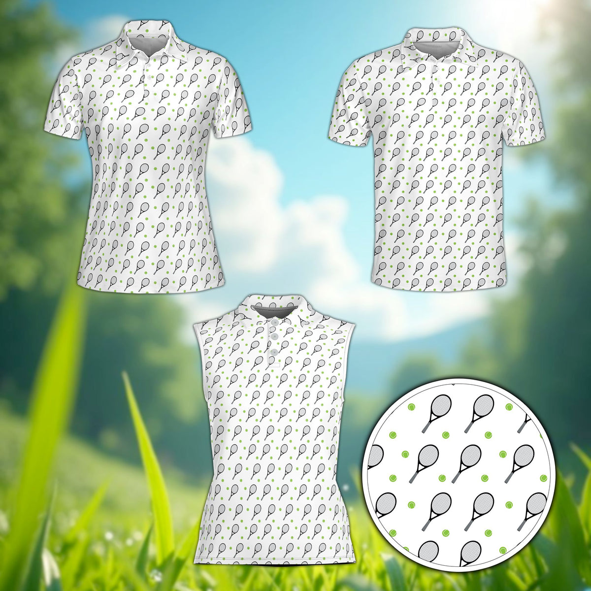 Front view of white polo shirt with tennis ball and racket design