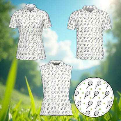 White tennis polo shirt with geometric racket pattern front view