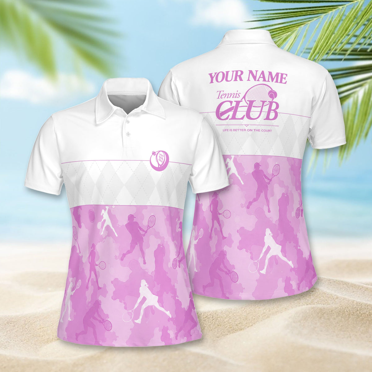 Angled front view of the personalized tennis polo shirt