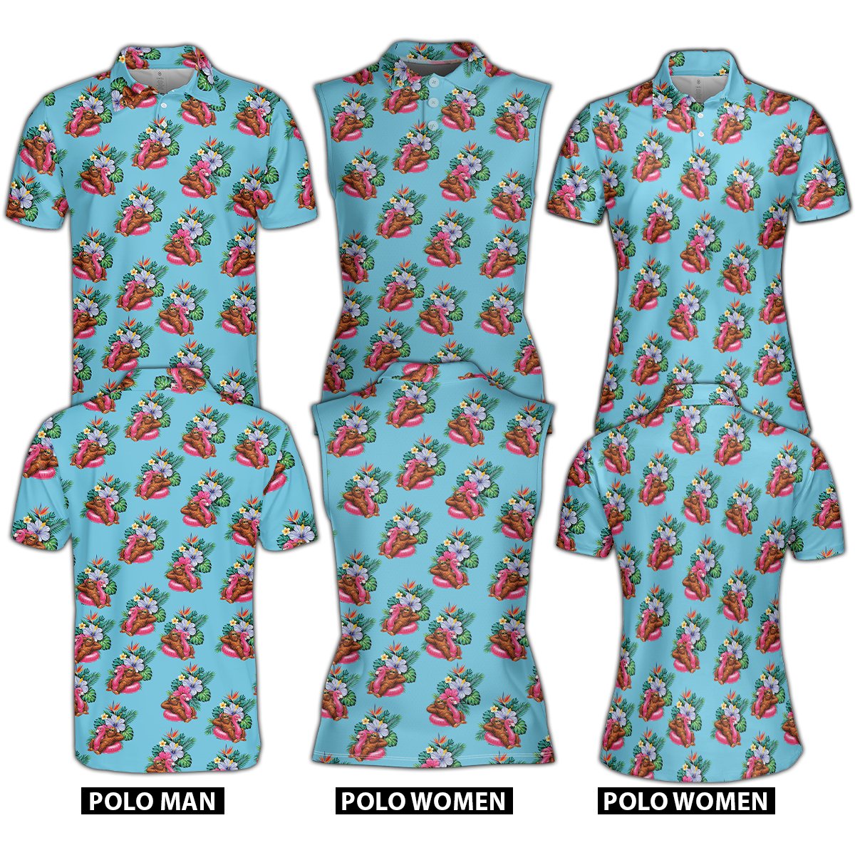 Tropical floral polo shirt featuring a monkey in a pink flamingo tube on a light blue background, main view