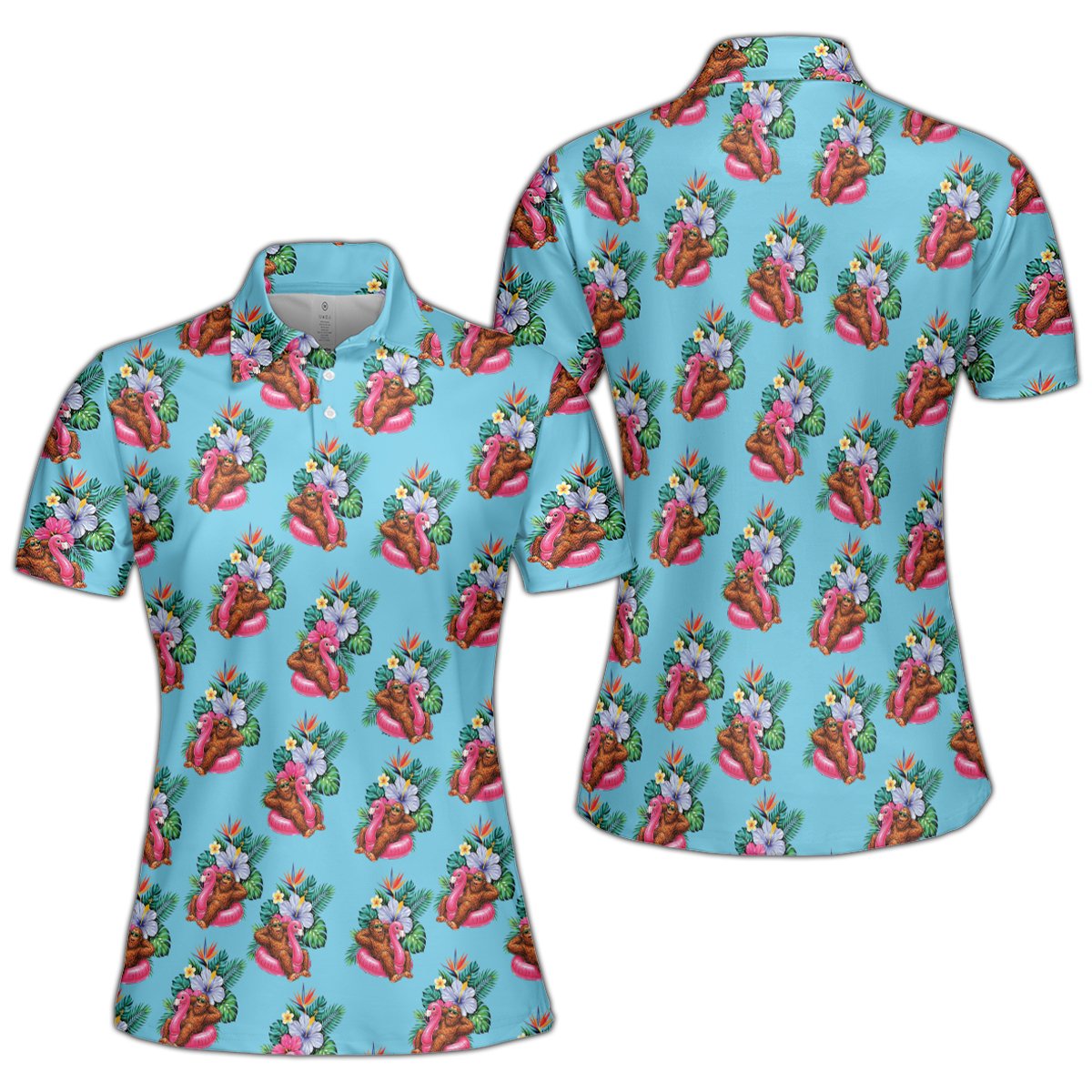 Tropical floral polo shirt featuring a monkey in a pink flamingo tube on a light blue background, front angled view