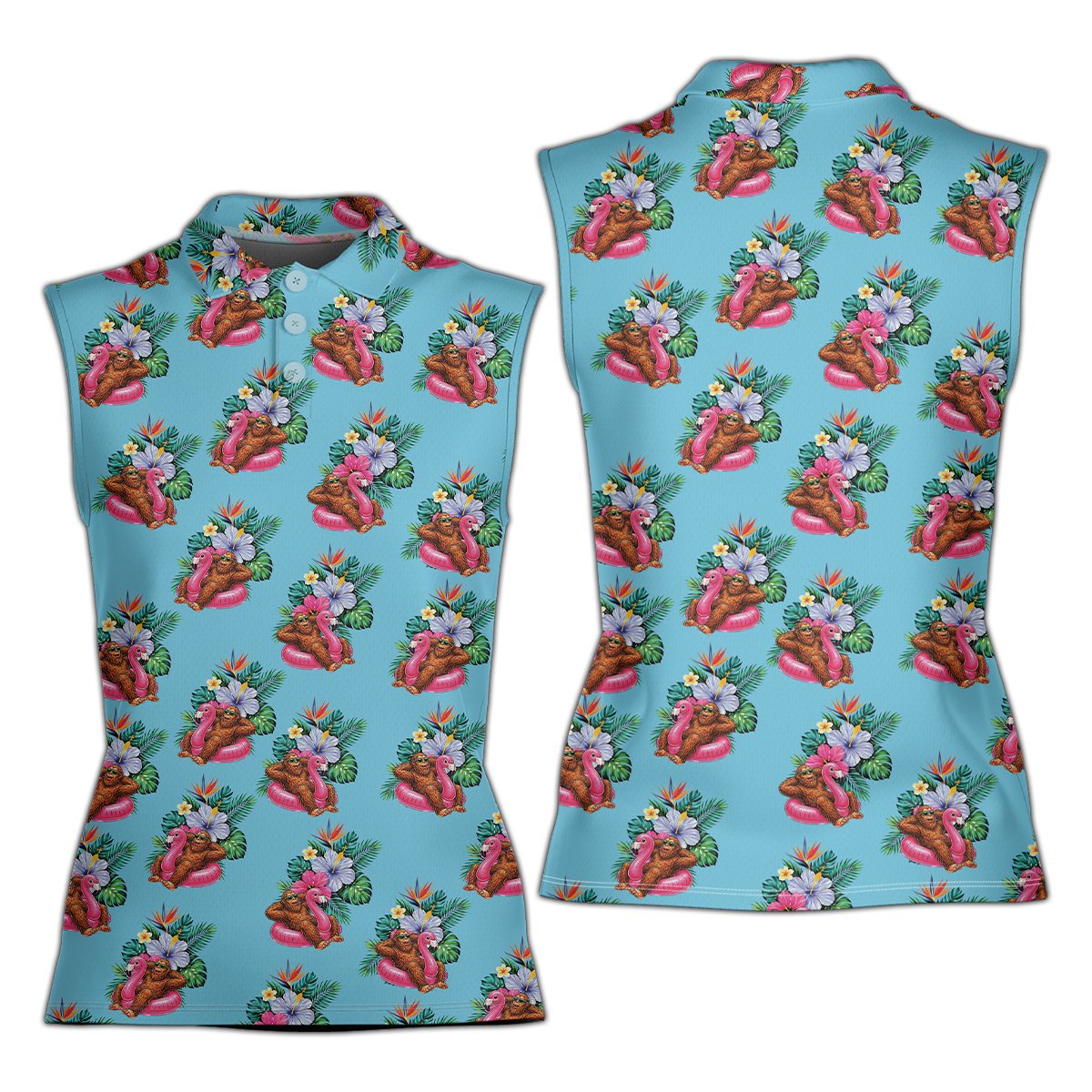 Tropical floral polo shirt featuring a monkey in a pink flamingo tube on a light blue background, close up front view