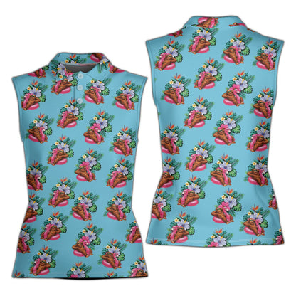 Tropical floral polo shirt featuring a monkey in a pink flamingo tube on a light blue background, close up front view