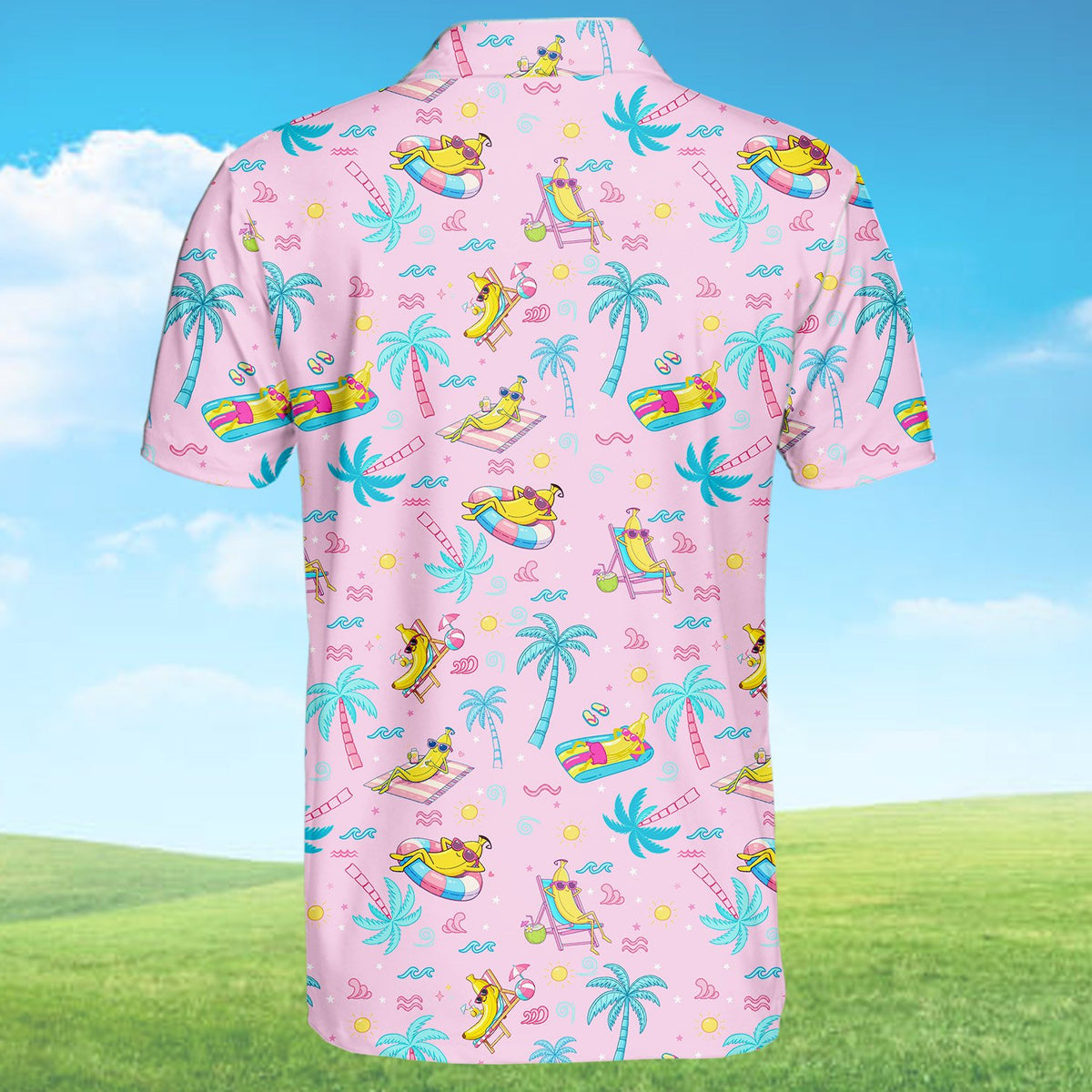 Light pink beach polo shirt with tropical cartoon banana pattern, back detailed view