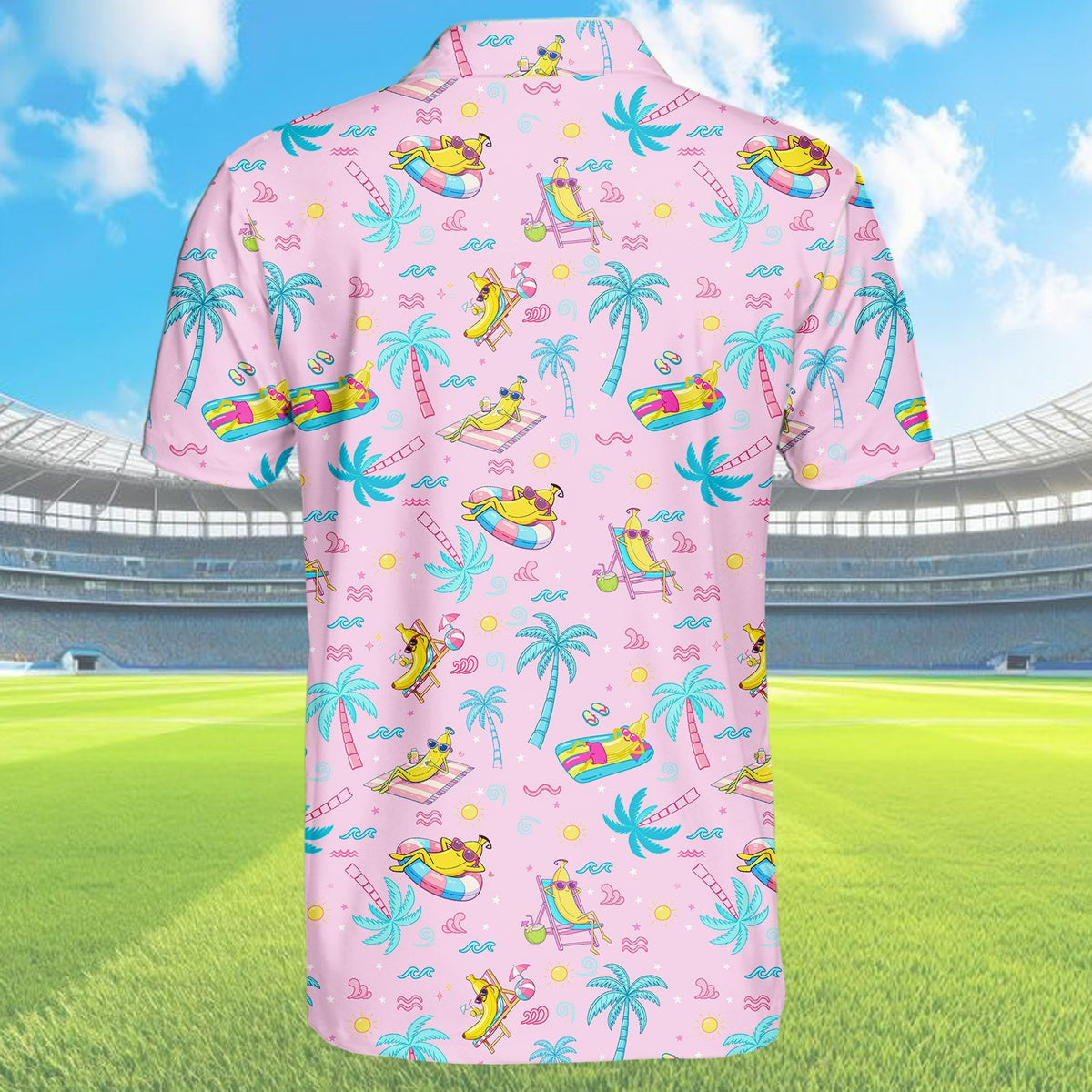 Light pink beach polo shirt with tropical cartoon banana pattern, back view