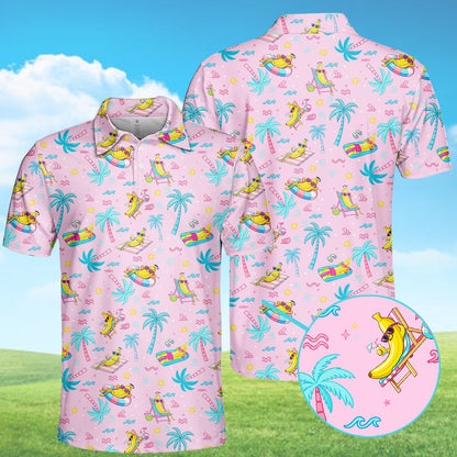 Light pink beach polo shirt with tropical cartoon banana pattern, front angle view