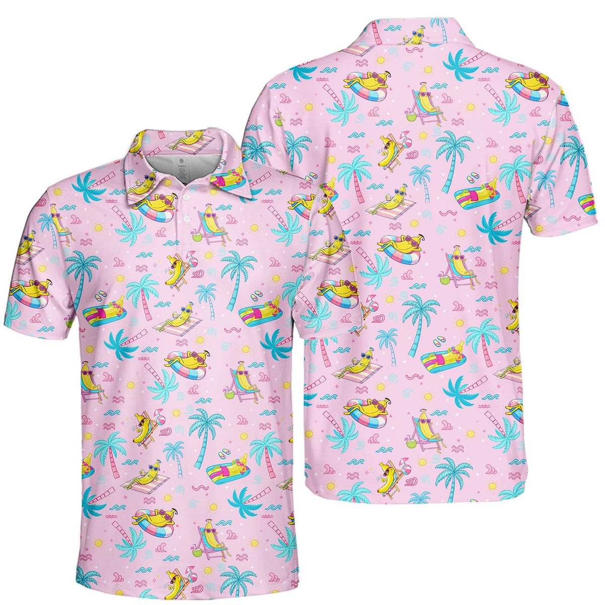 Light pink beach polo shirt with tropical cartoon banana pattern, close up front view