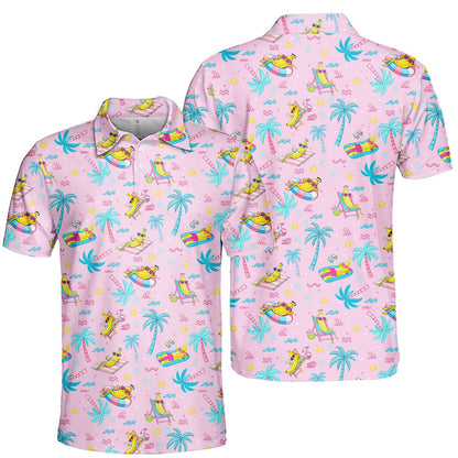 Light pink beach polo shirt with tropical cartoon banana pattern, close up front view