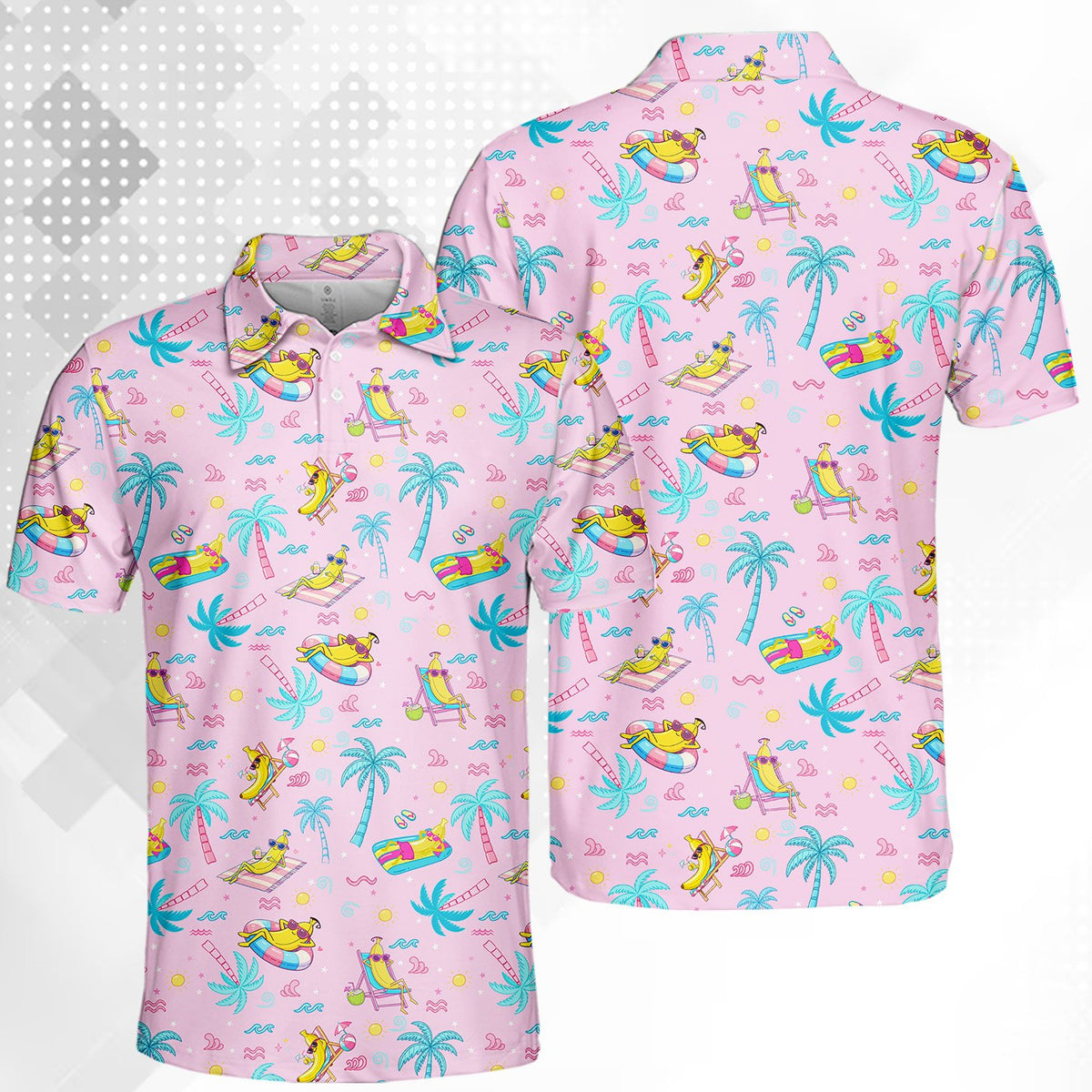 Light pink beach polo shirt with tropical cartoon banana pattern, detailed front view
