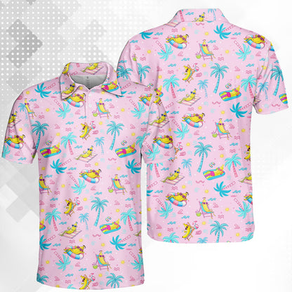 Light pink beach polo shirt with tropical cartoon banana pattern, detailed front view
