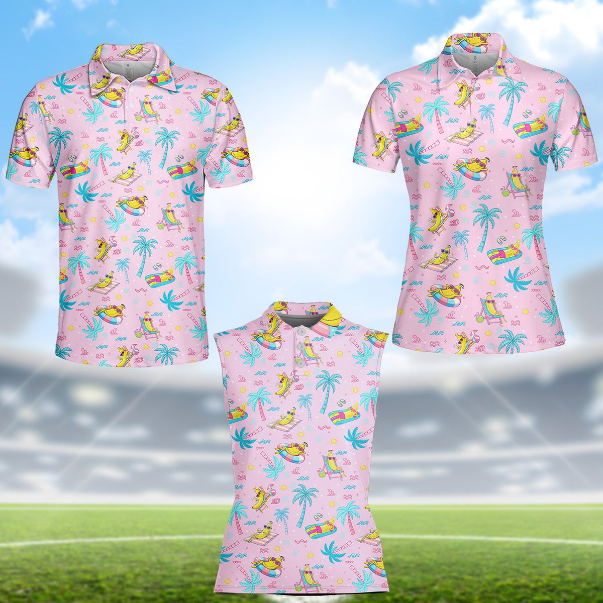 Light pink beach polo shirt with tropical cartoon banana pattern, lower front view