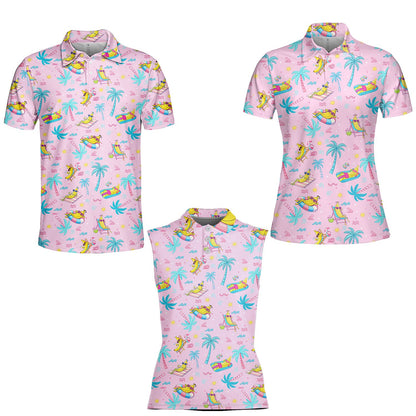 Light pink beach polo shirt with tropical cartoon banana pattern, zoomed front view