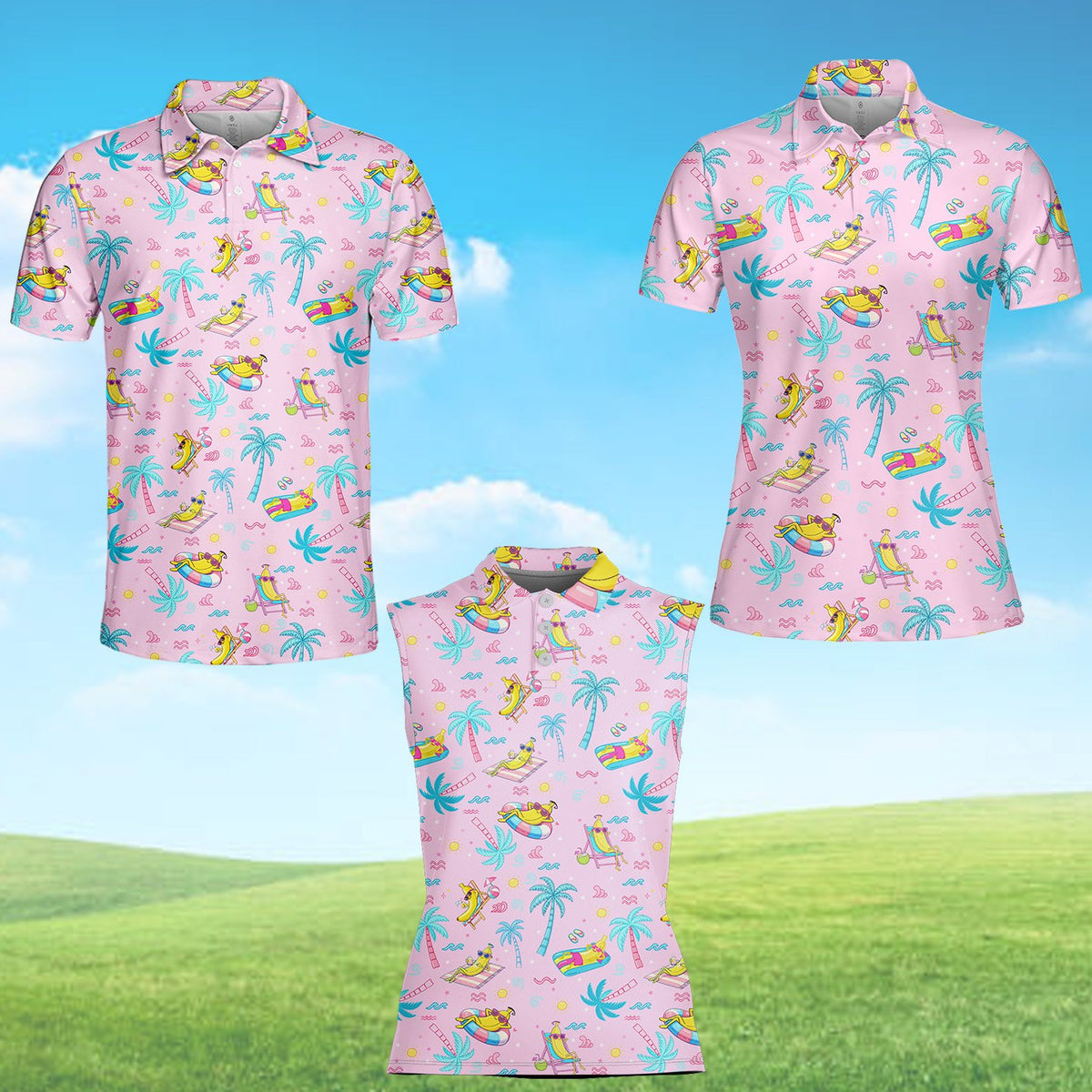 Light pink beach polo shirt with tropical cartoon banana pattern, alternate front view