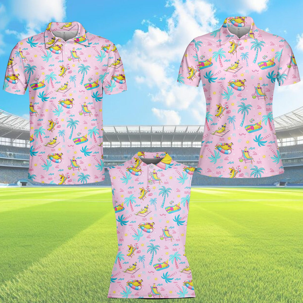 Light pink beach polo shirt with tropical cartoon banana pattern, front view