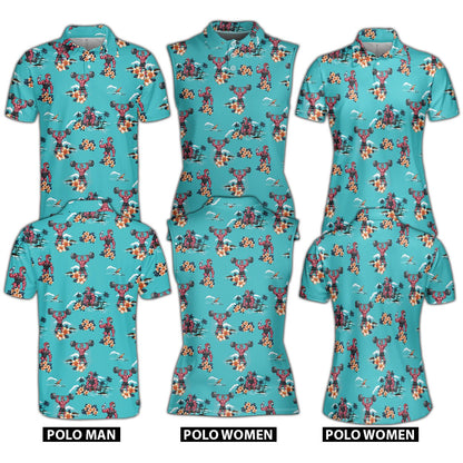 Tropical gym polo shirt featuring a weightlifting flamingo on a teal background, front view