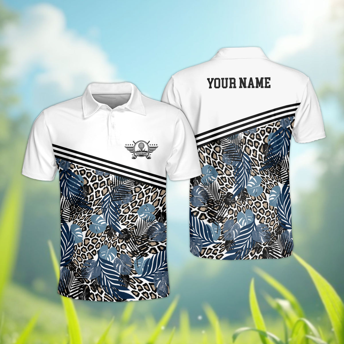 Personalized tropical leopard polo shirt with custom name and number, main view