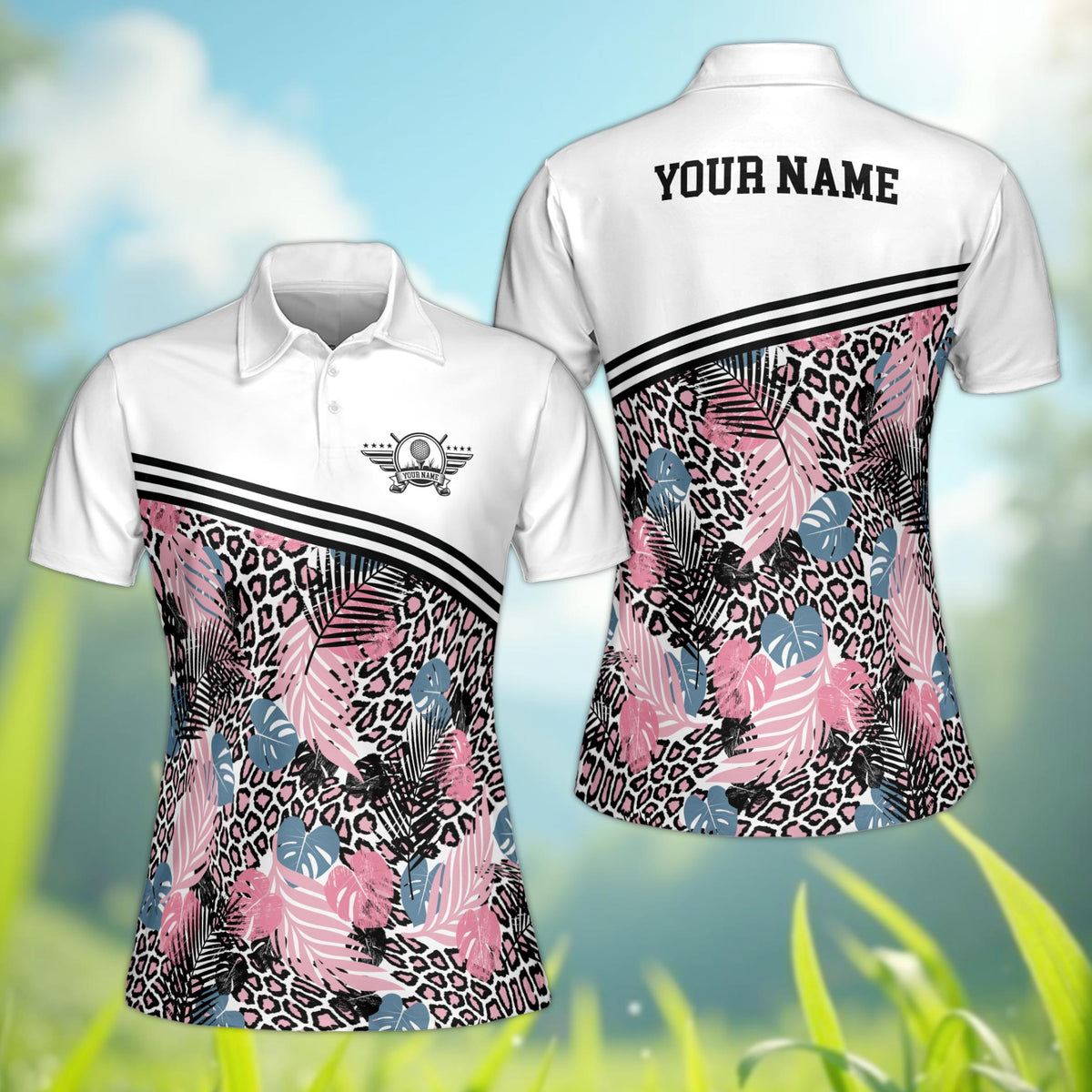Front angle view of the personalized tropical leopard polo shirt