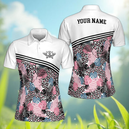 Front angle view of the personalized tropical leopard polo shirt