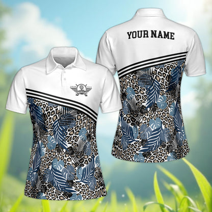 Alternate front view of the custom tropical leopard polo shirt