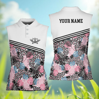 Close up front view of the tropical leopard polo shirt showing golf club logo