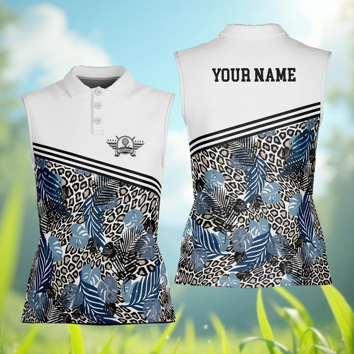 Front full view of the personalized tropical leopard polo shirt