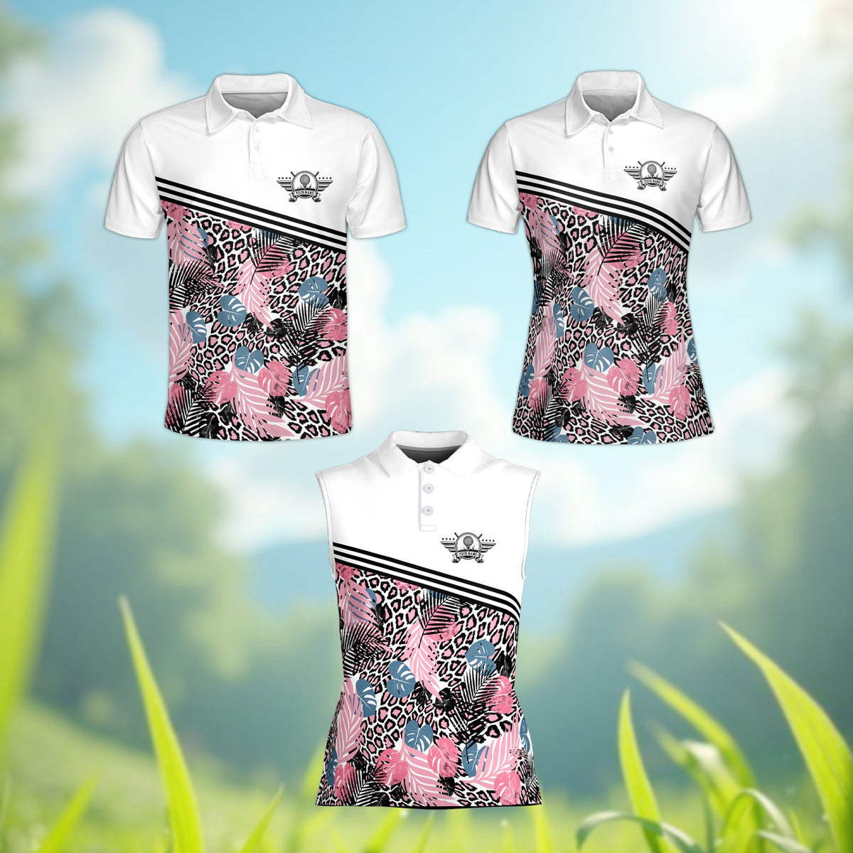Another front view of the tropical leopard custom polo shirt