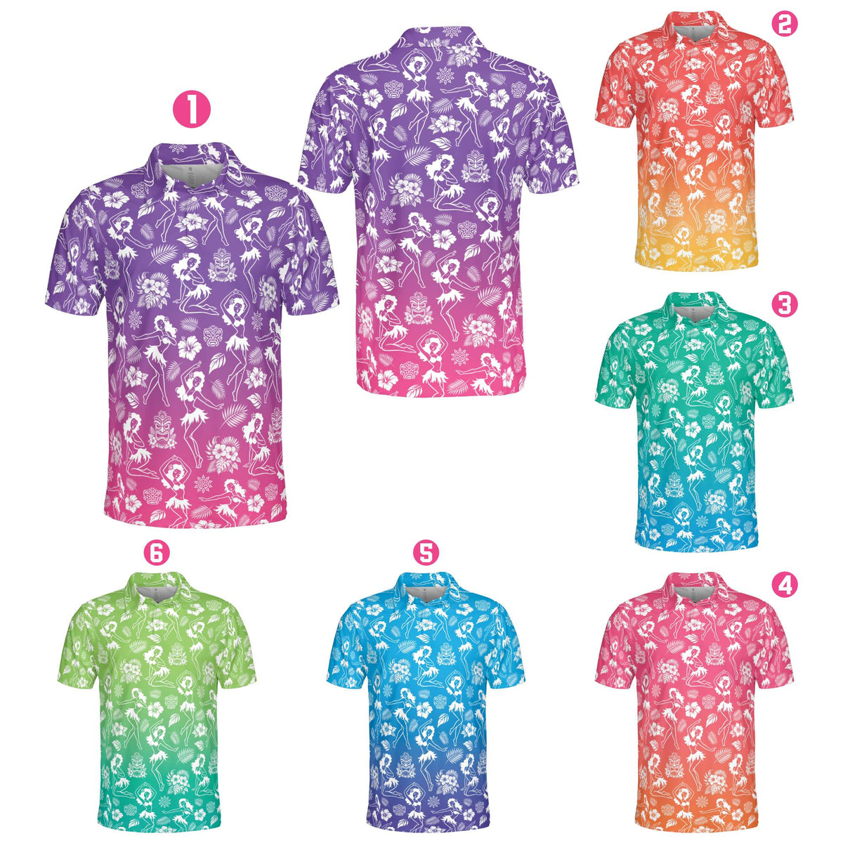 Front view of the tropical luau polo shirt with floral and tiki pattern