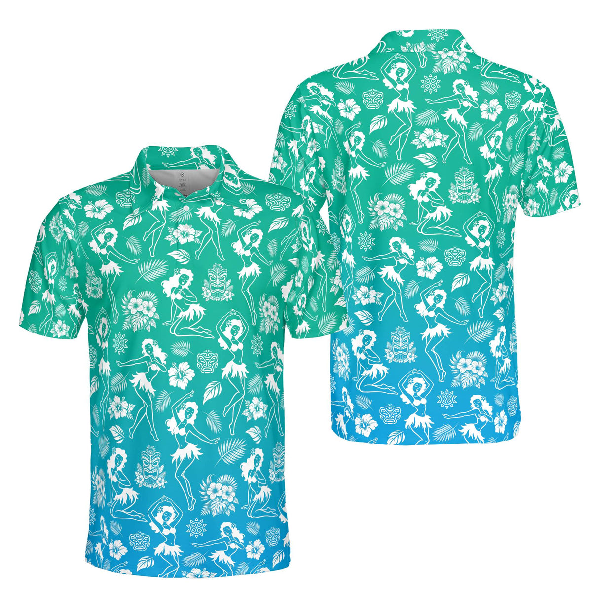 Detailed front view of the vibrant luau polo shirt