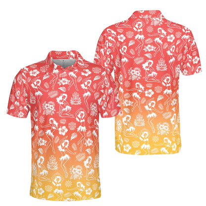 Tropical luau polo shirt featuring tiki masks and hula dancers on a colorful gradient, front view