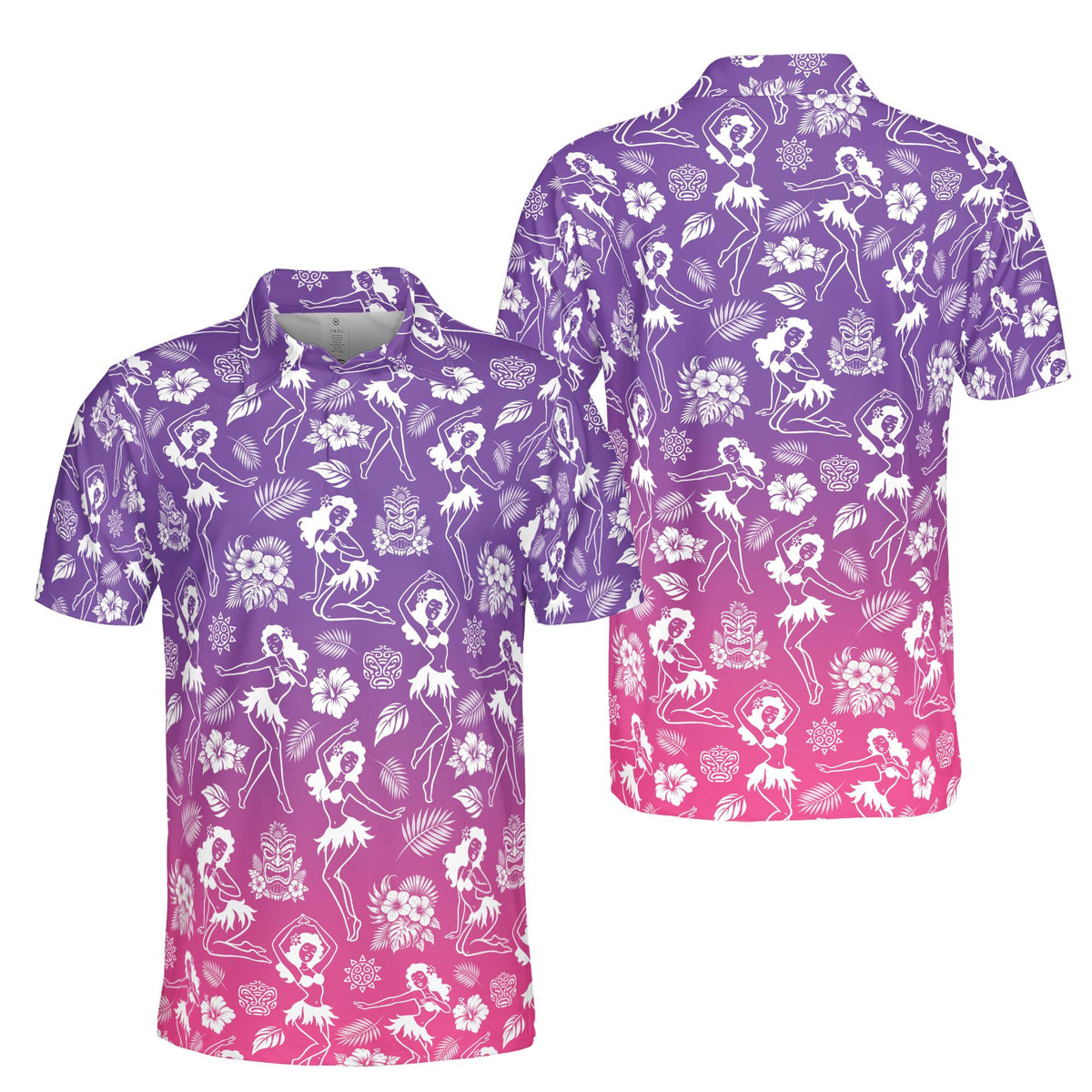Close up front view of the tropical luau polo shirt design