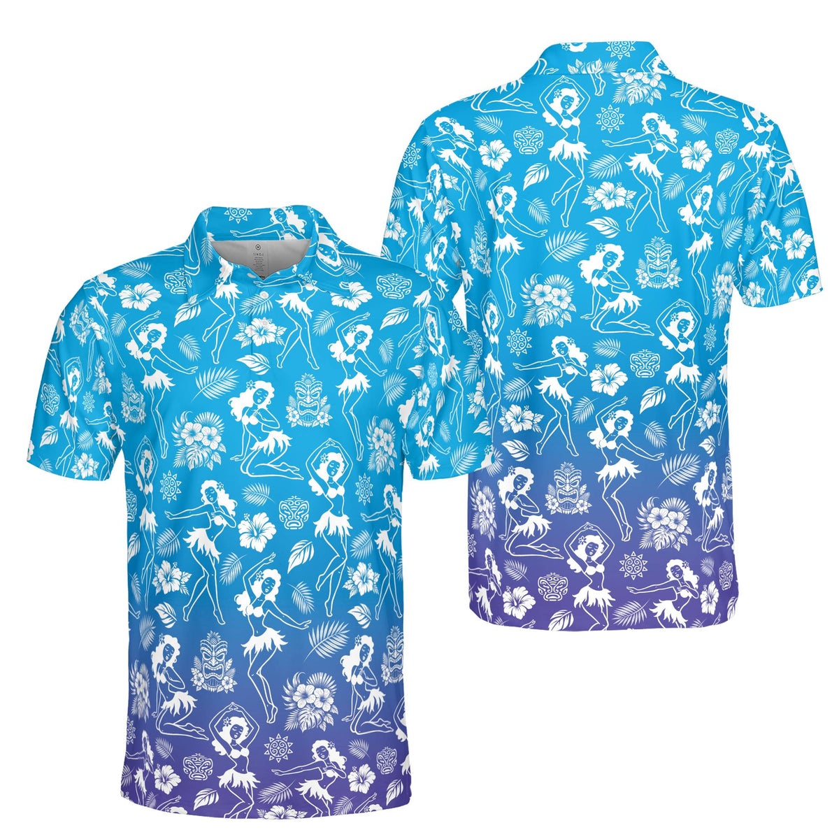 Another front view of the multicolored tropical luau polo shirt