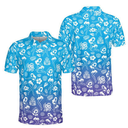 Another front view of the multicolored tropical luau polo shirt