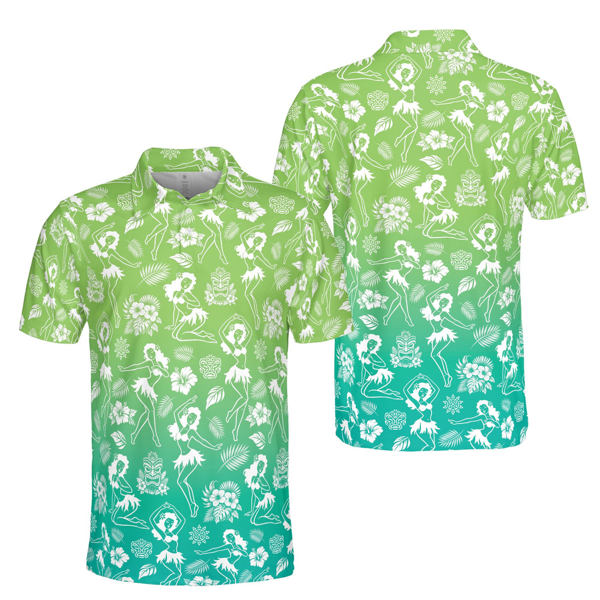 Tropical luau polo shirt front view showcasing gradient background