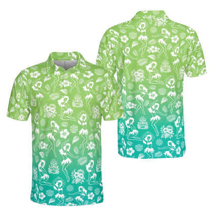 Tropical luau polo shirt front view showcasing gradient background