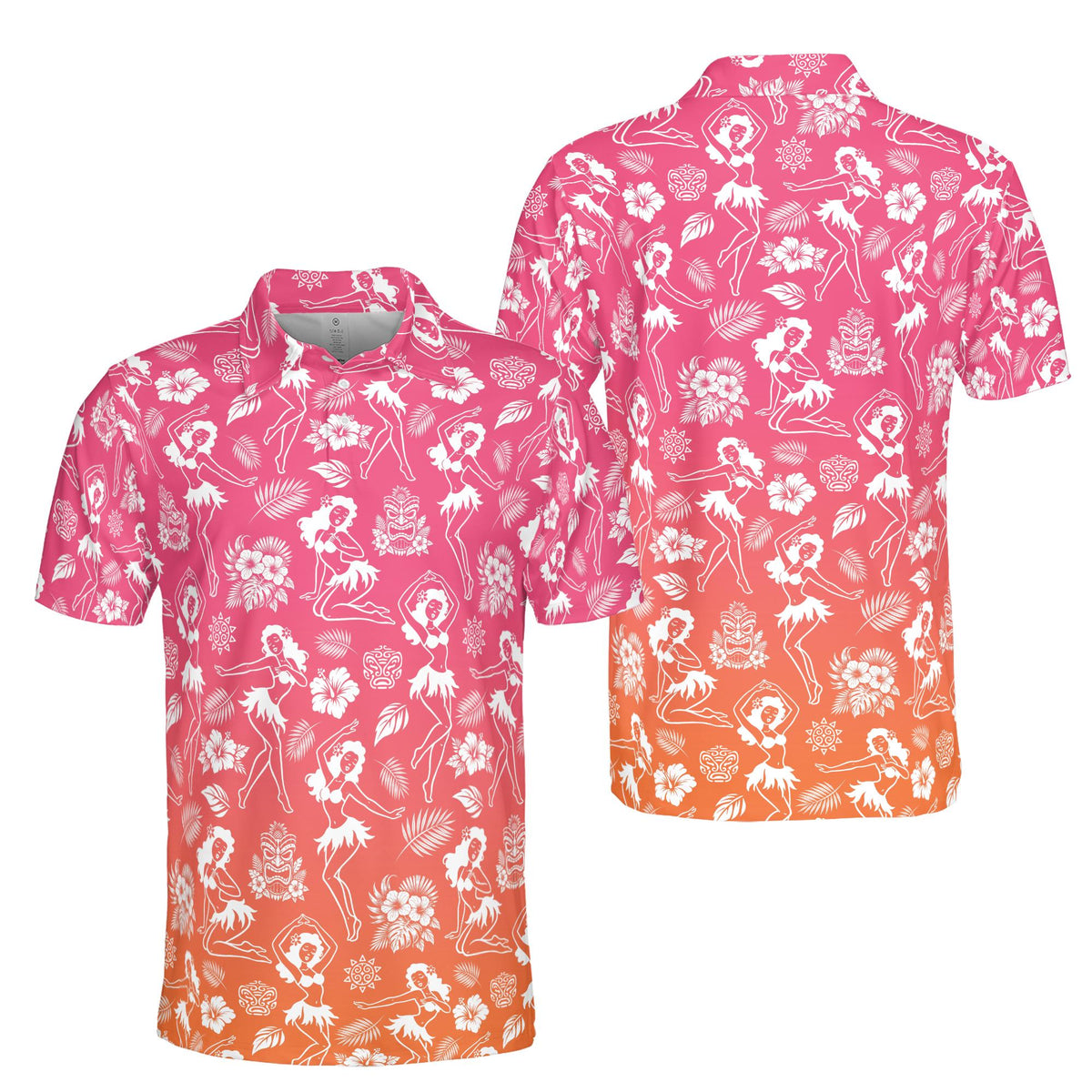 Vibrant tropical luau polo shirt front design