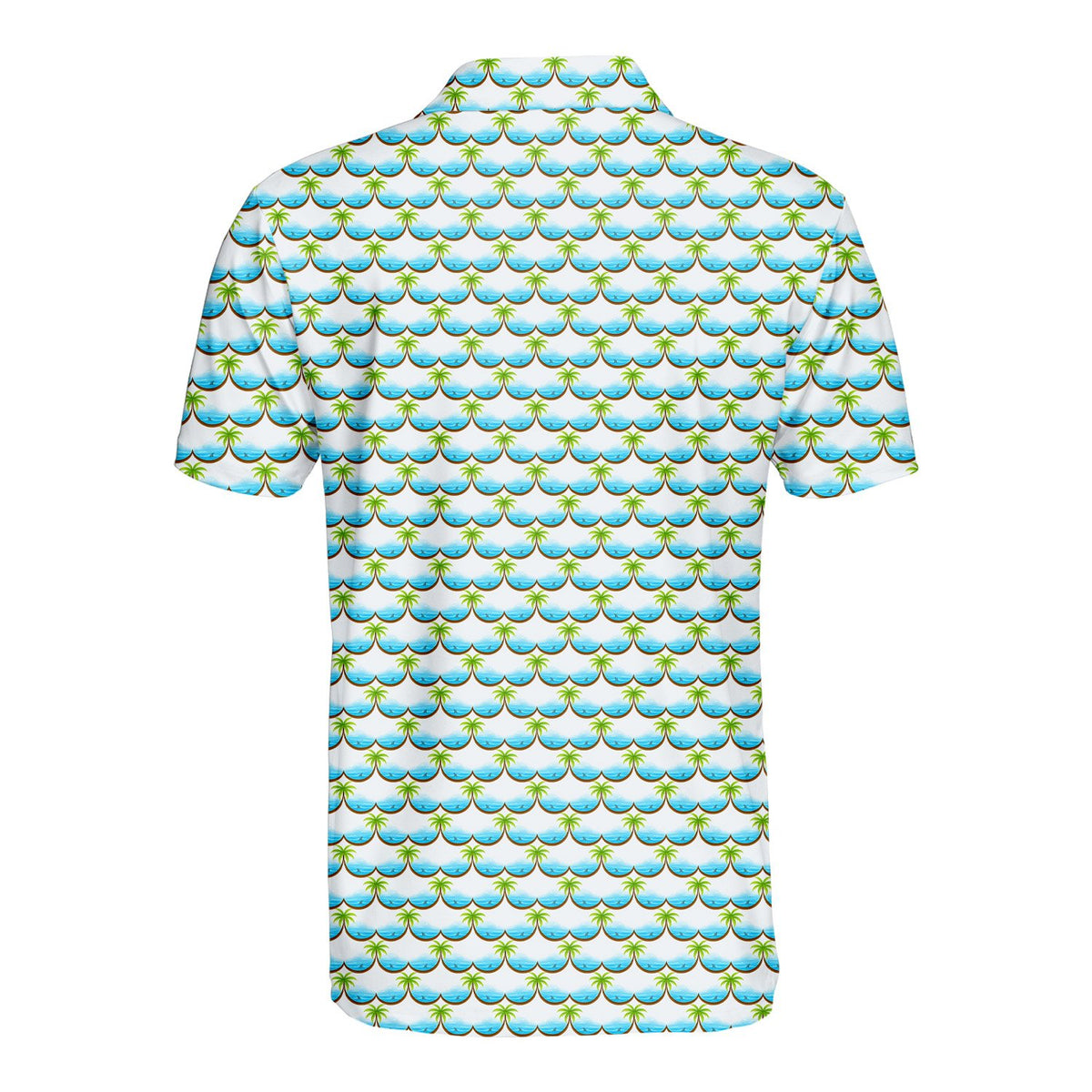 White tropical polo shirt with palm trees and ocean waves, back angled view