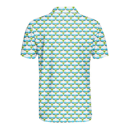 White tropical polo shirt with palm trees and ocean waves, back angled view