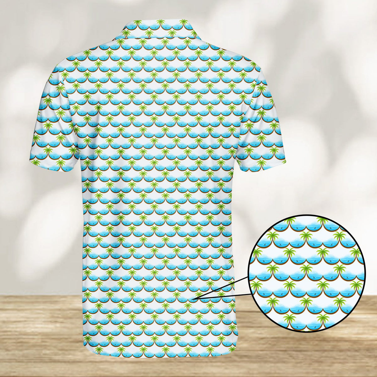 White tropical polo shirt with palm trees and ocean waves, back view