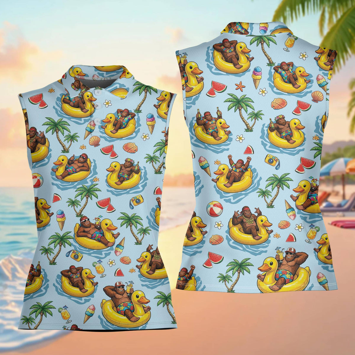 Blue tropical polo shirt featuring cartoon gorillas in pool floats, front view
