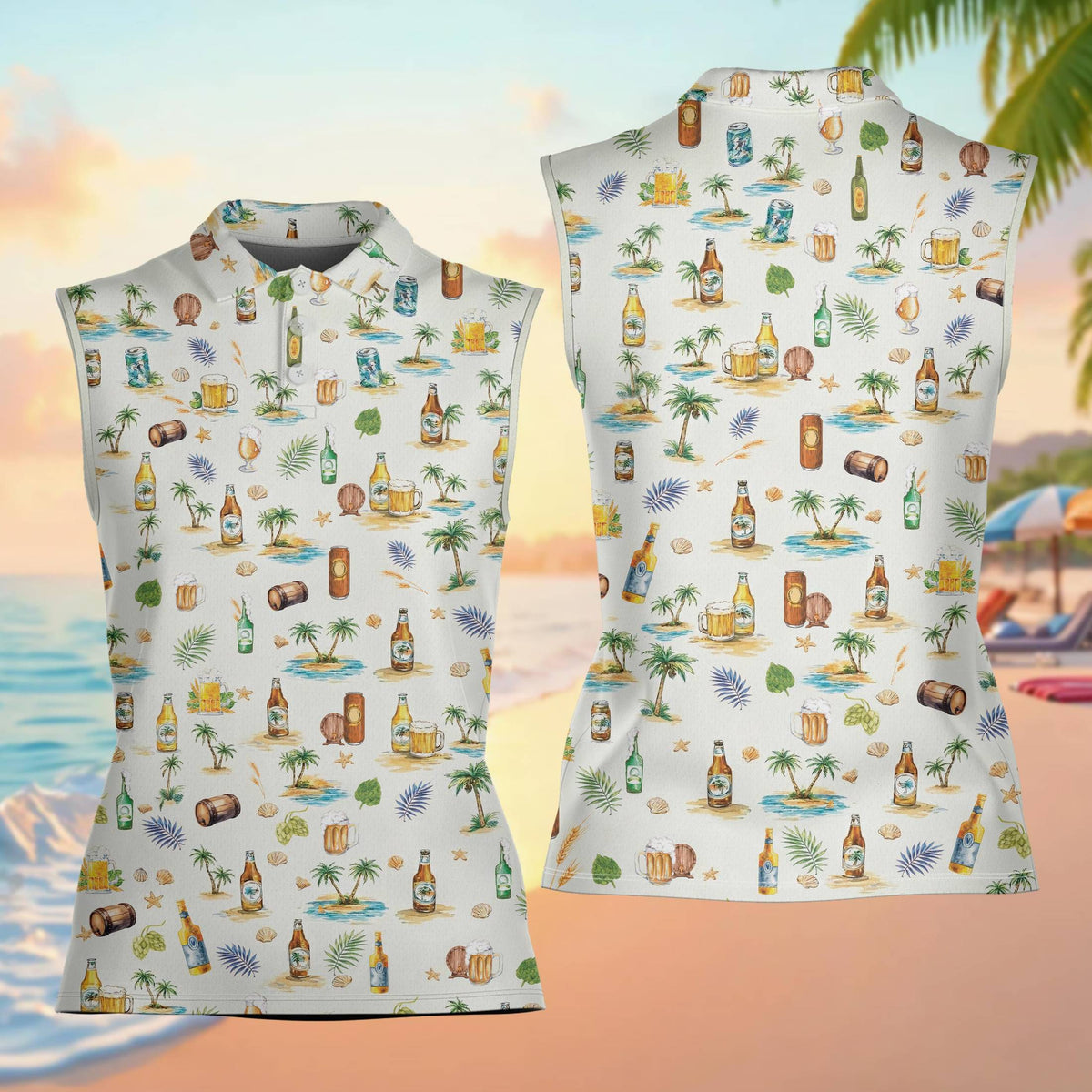 All-over polo shirt featuring a tropical beach and beer pattern, main view