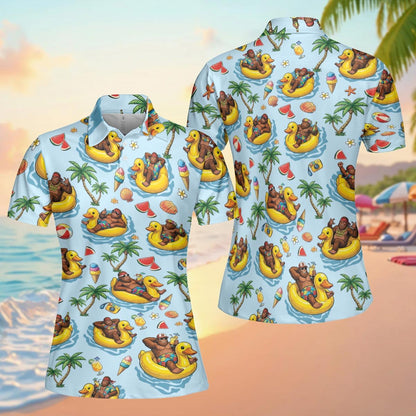 Another front view of the tropical polo shirt with cartoon gorilla design